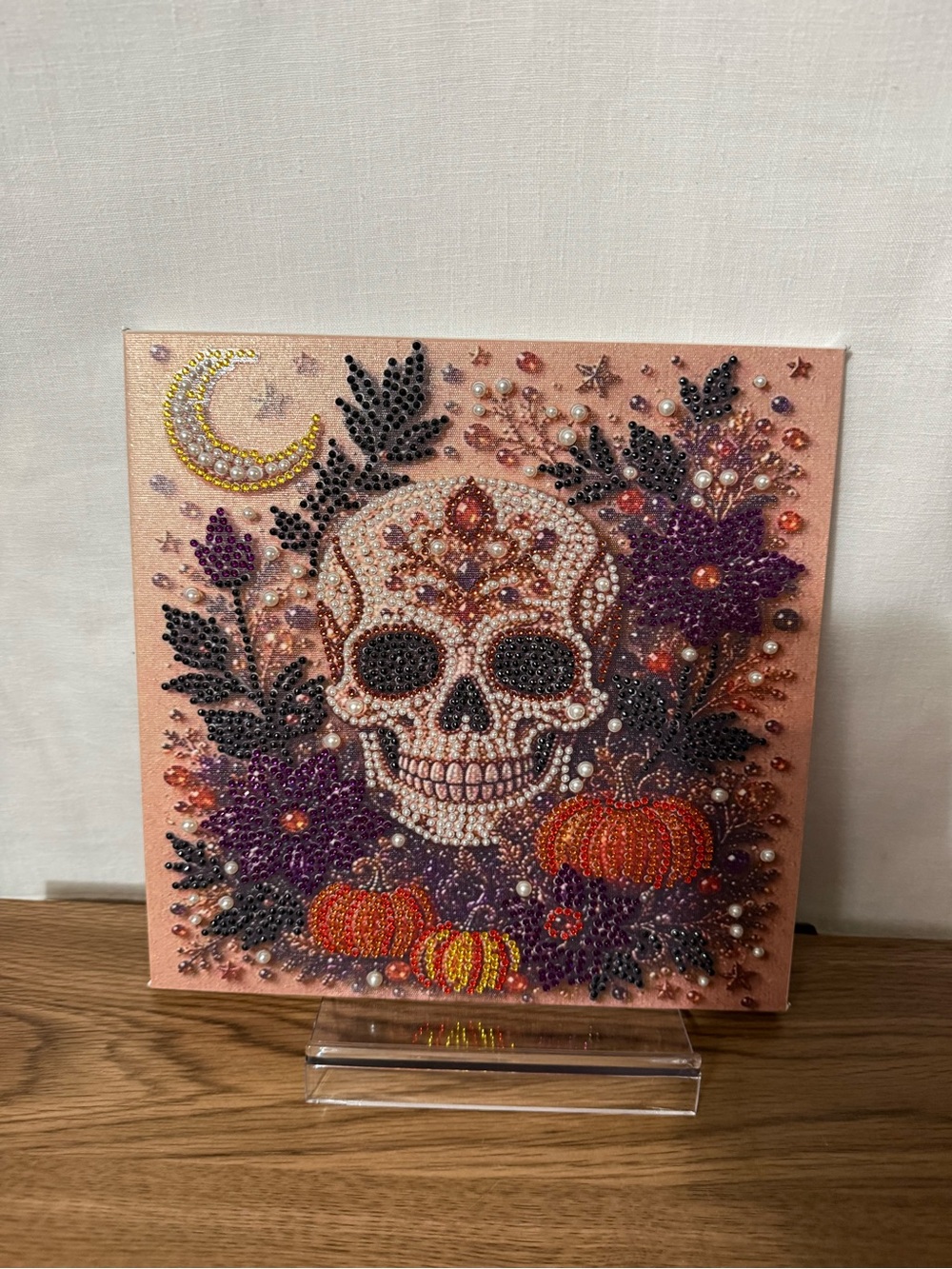 Pink Beaded Sugar Skull Wall Art with Purple and Orange Accents